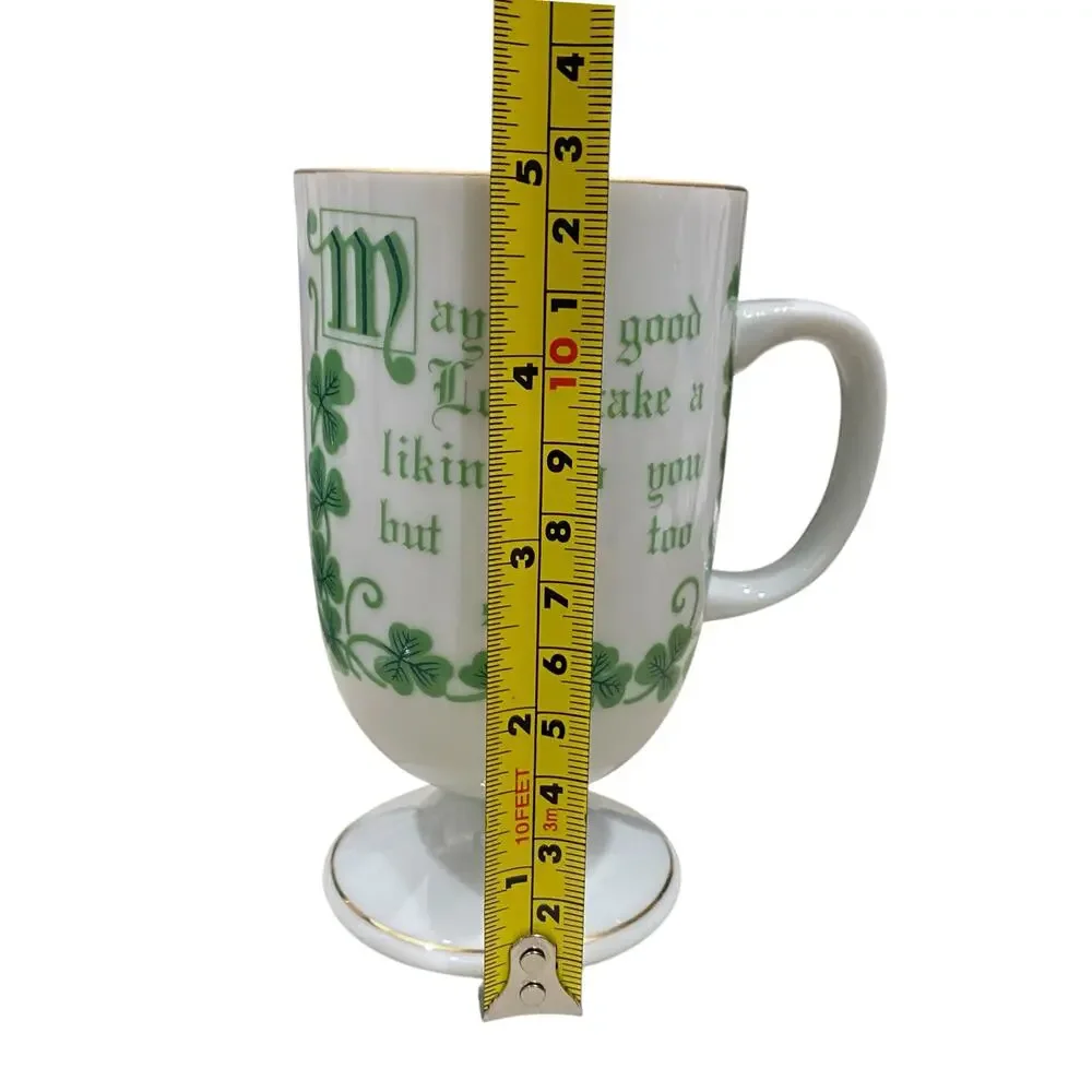 Funny 1970s Shamrock Irish Coffee Mug Lucky Clover White Porcelain Cup Gold Trim